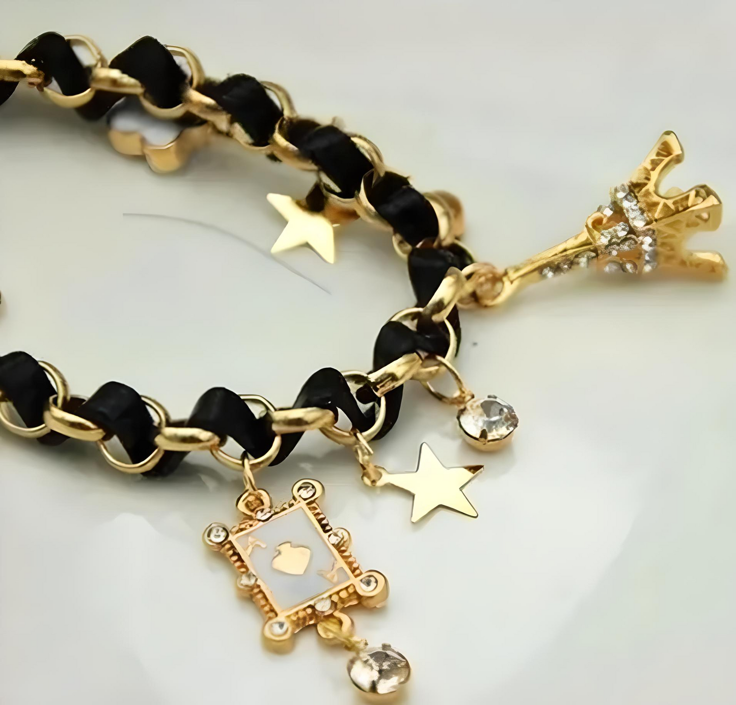 🖤 TheVineGirl Black Studded Eiffel Tower Star Charms Adjustable Bracelet