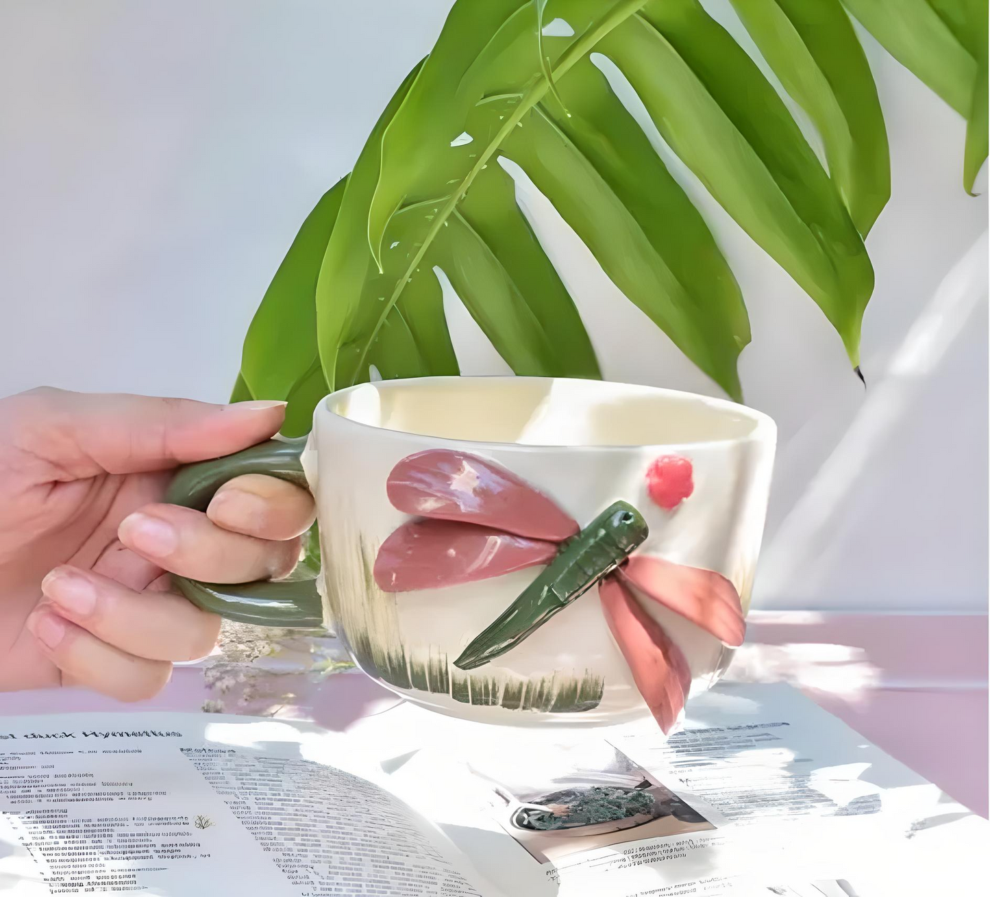 🧡 Ceramic Handmade Coffee Mug – Dragonfly Design