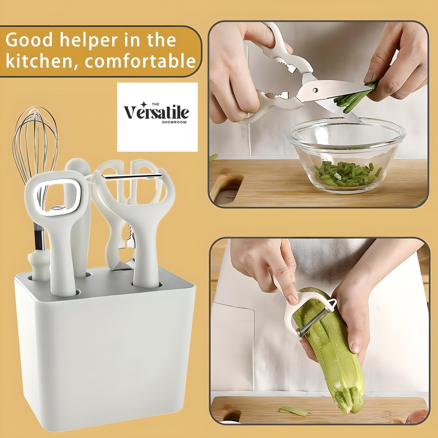 6-in-1 Stainless Steel Kitchen Gadget Set with Non-Slip Handles & Decorative Stand | Peeler, Knife, Whisk, Scissors & Bottle Opener – Essential Kitchen Utensils Gift Set