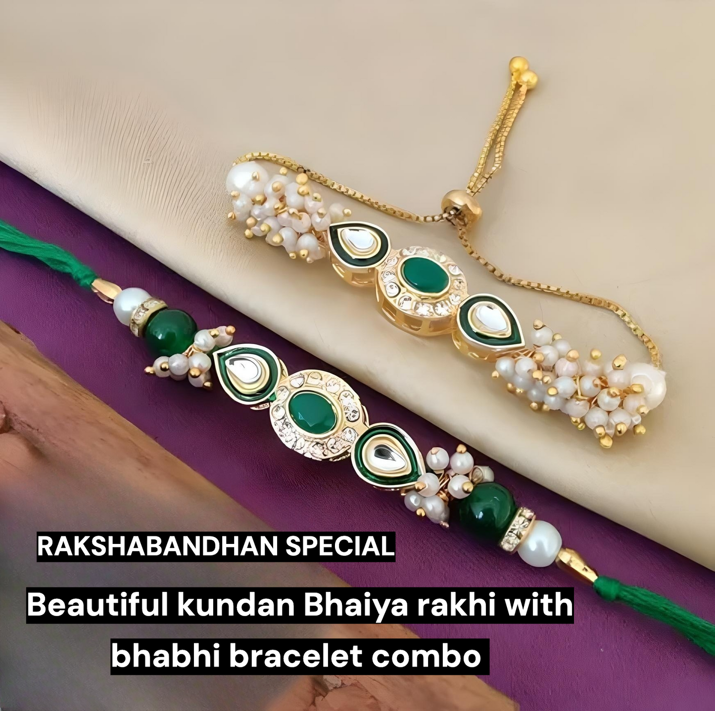 Beautiful Kundan Bhaiya Rakhi with Bhabhi Bracelet Combo