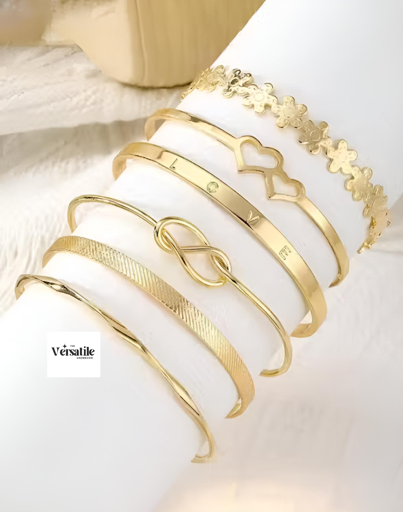 Love Knot & Charm Bangle Set – 6 Pcs Gold Plated Bracelets