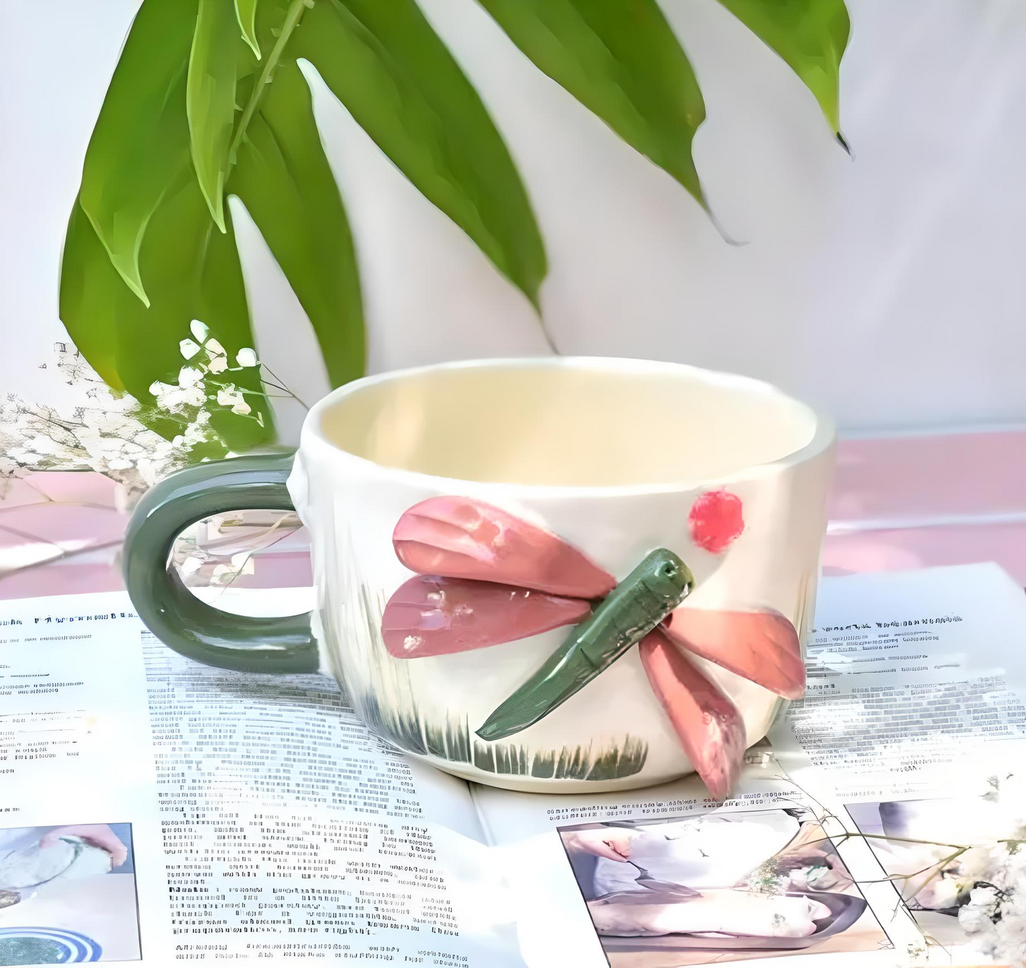 🧡 Ceramic Handmade Coffee Mug – Dragonfly Design