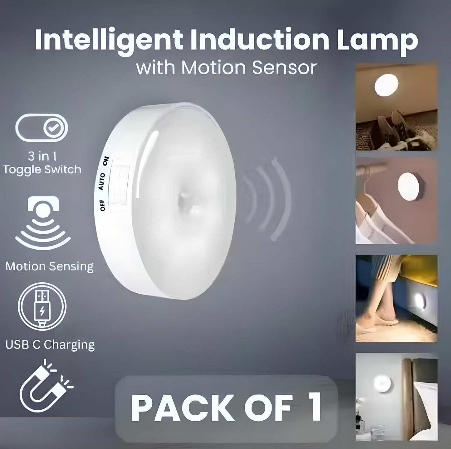 GlowSense™ Rechargeable Motion Sensor LED Nightlight – Wireless, USB Charging, Self-Adhesive (Pack of 1)