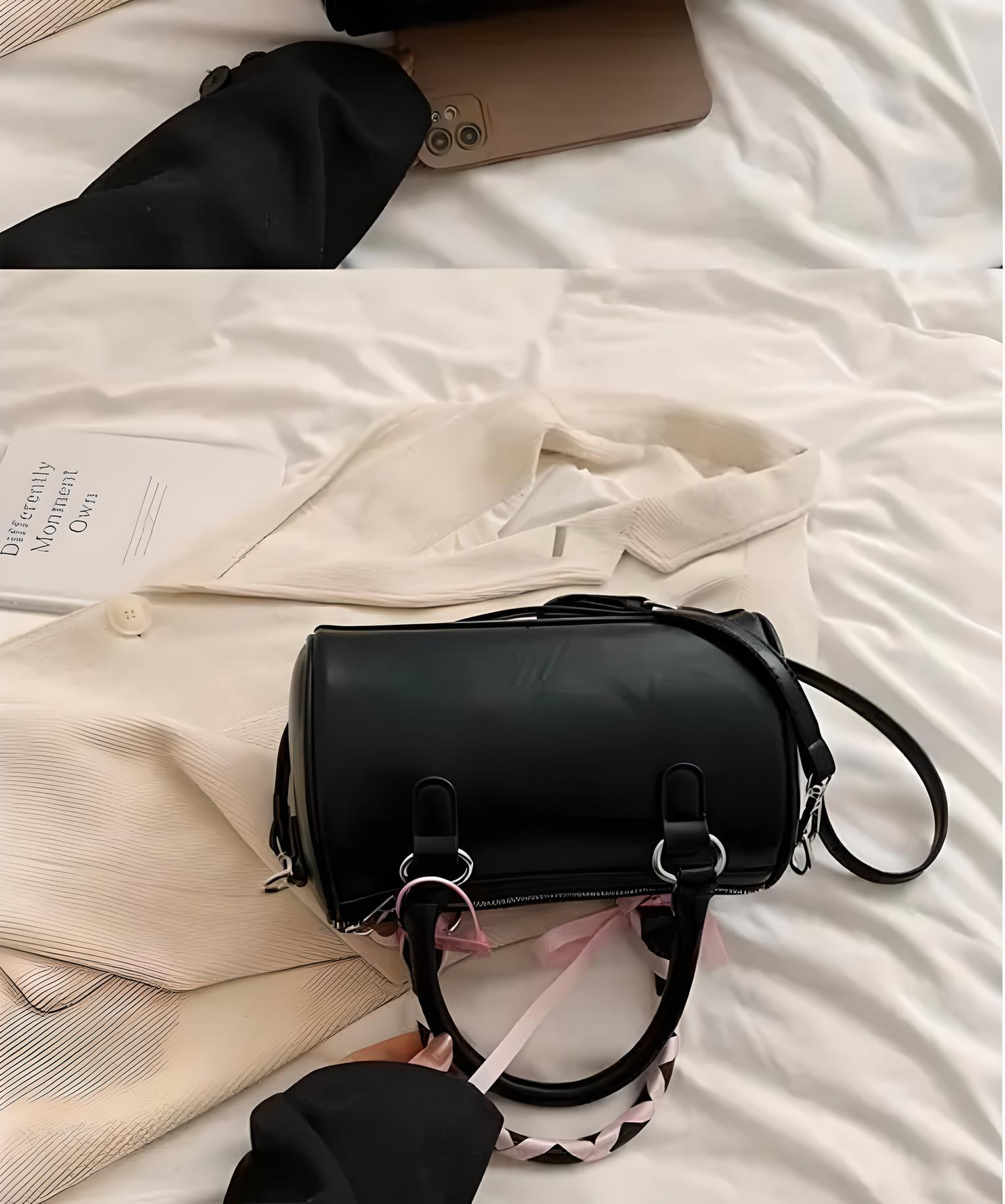 π€ Elegant Black Barrel Handbag with Ribbon & Gold Bow Charm π