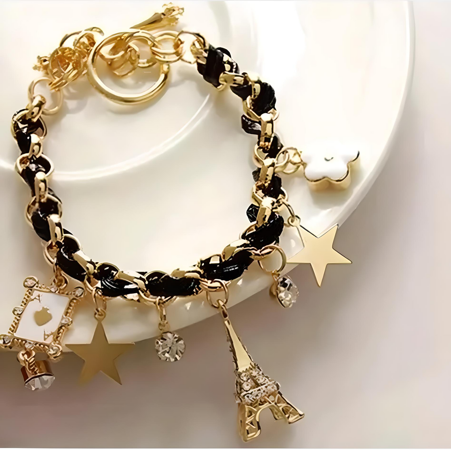🖤 TheVineGirl Black Studded Eiffel Tower Star Charms Adjustable Bracelet