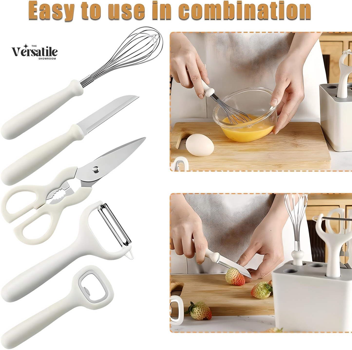 6-in-1 Stainless Steel Kitchen Gadget Set with Non-Slip Handles & Decorative Stand | Peeler, Knife, Whisk, Scissors & Bottle Opener – Essential Kitchen Utensils Gift Set