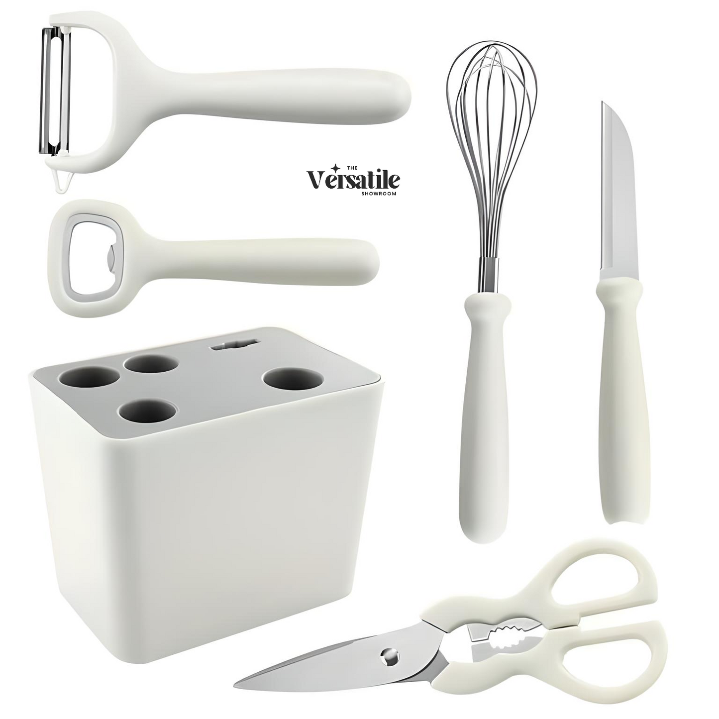 6-in-1 Stainless Steel Kitchen Gadget Set with Non-Slip Handles & Decorative Stand | Peeler, Knife, Whisk, Scissors & Bottle Opener – Essential Kitchen Utensils Gift Set