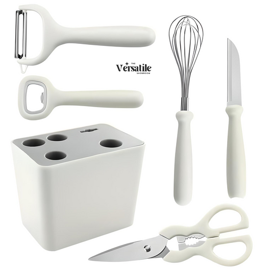 6-in-1 Stainless Steel Kitchen Gadget Set with Non-Slip Handles & Decorative Stand | Peeler, Knife, Whisk, Scissors & Bottle Opener – Essential Kitchen Utensils Gift Set