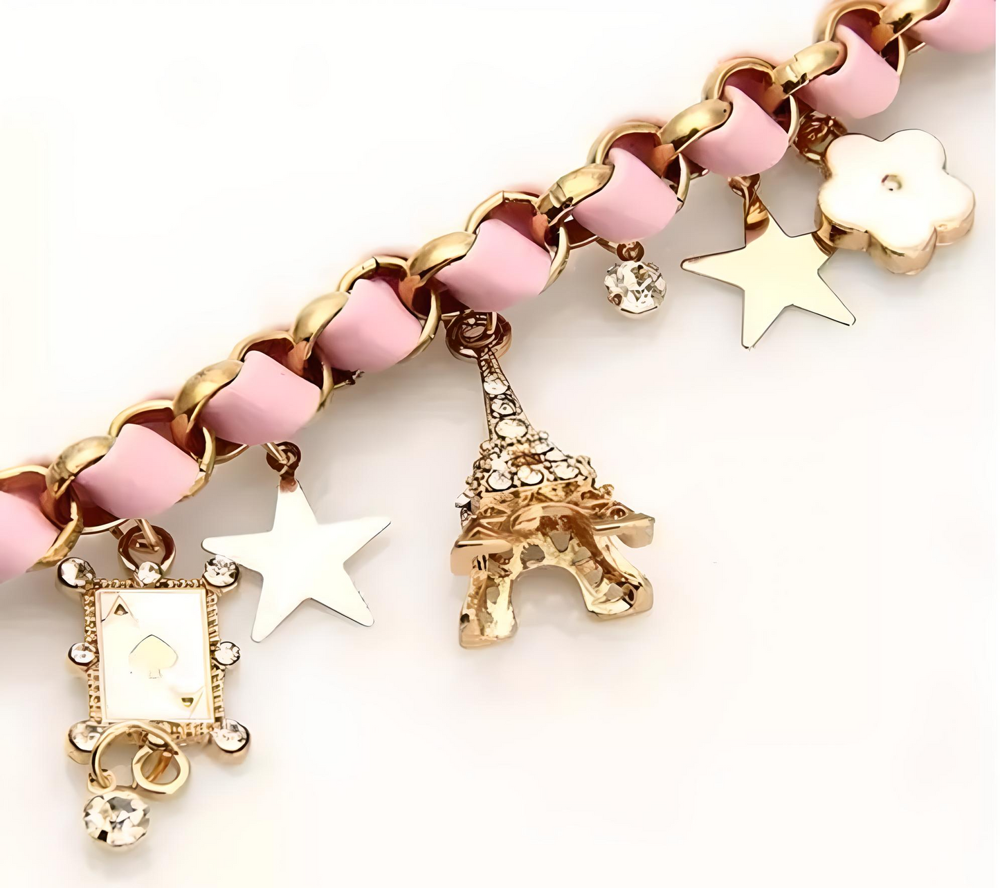 TheVineGirl Pink Studded Eiffel Tower Star Charms Adjustable Bracelet