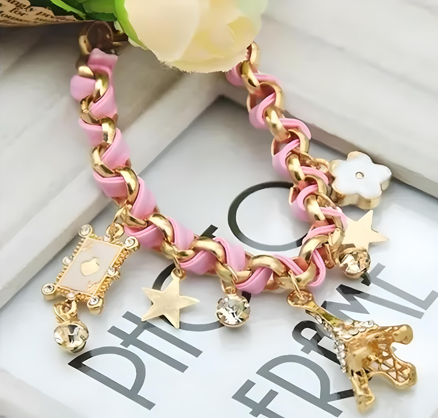 TheVineGirl Pink Studded Eiffel Tower Star Charms Adjustable Bracelet