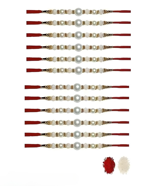 Set of 12 Beaded Thread Rakhis for Brother – Rakhi Gift Combo with Roli Chawal & Thali
