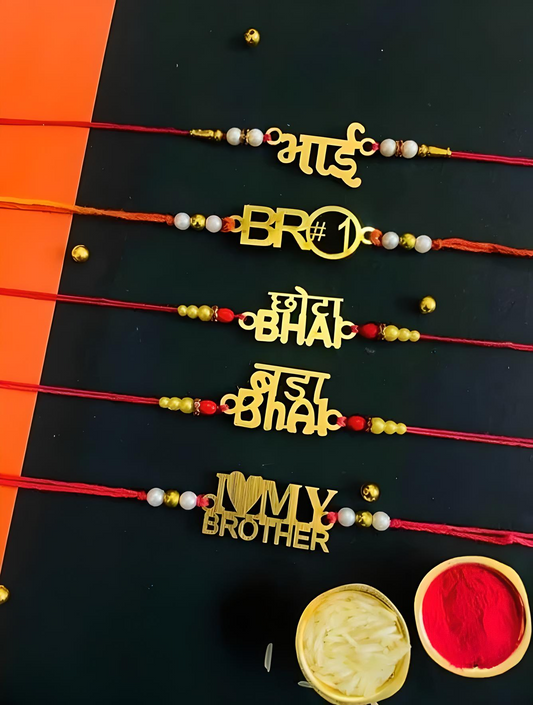 Set of 5 Unique Trendy Wooden Rakhis for Brother – Designer Bhai Rakhi Combo with Roli Chawal
