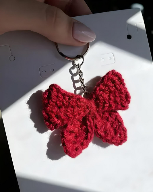 🧶 Unique Wants Handmade Crochet Bow Keyring – Deep Red Wool Charm | Cute & Cozy Accessory | Pack of 1