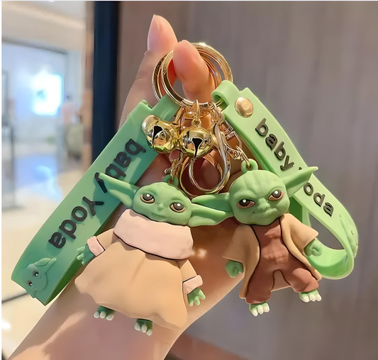 🛸  Baby Yoda Keychain Set – Pack of 2 | Cute 3D Cartoon Design | Soft Silicone Strap | With Bells
