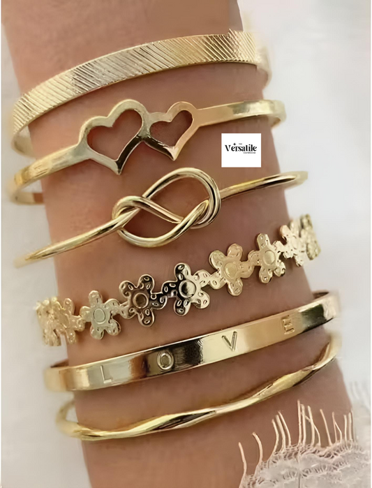 Love Knot & Charm Bangle Set – 6 Pcs Gold Plated Bracelets