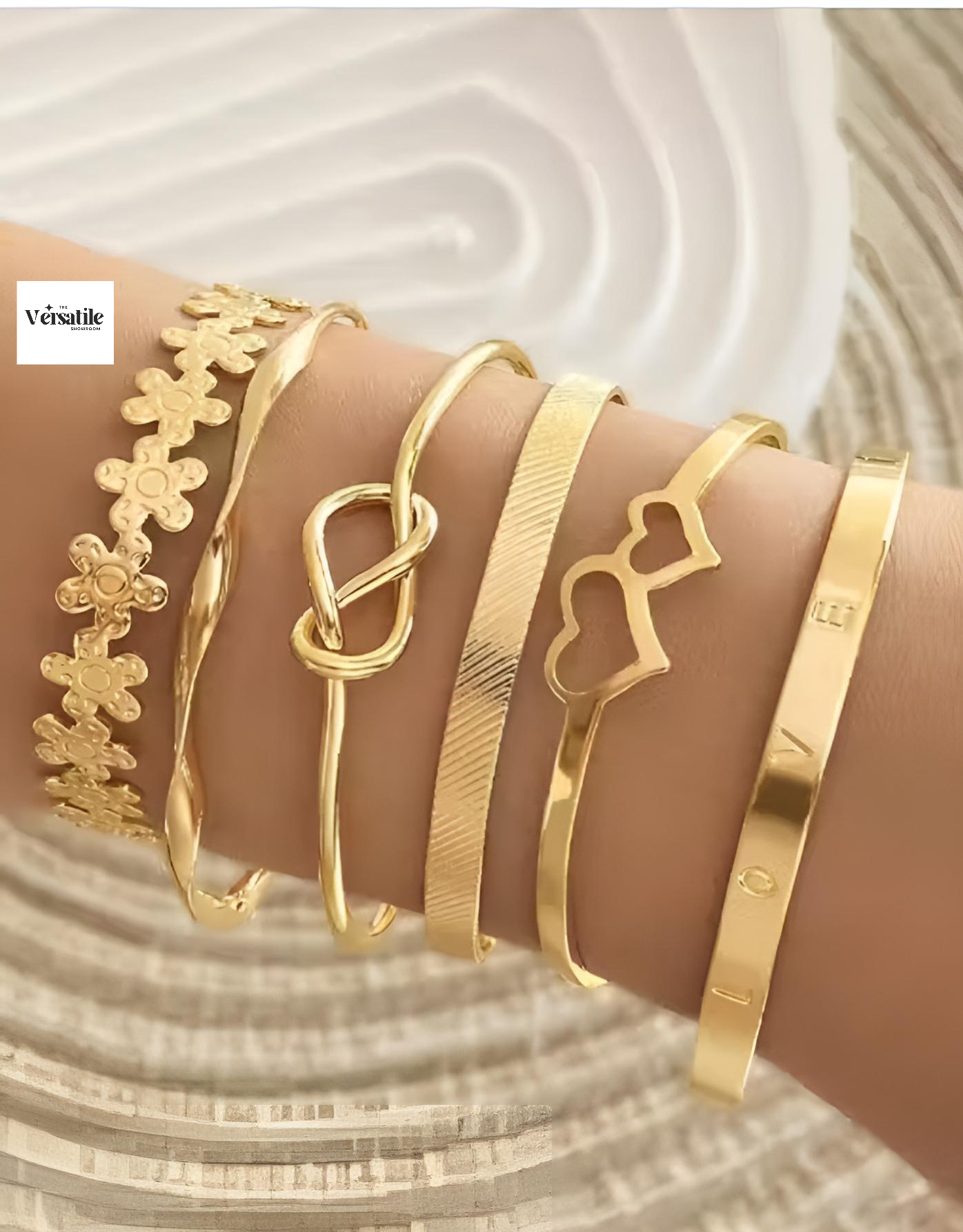 Love Knot & Charm Bangle Set – 6 Pcs Gold Plated Bracelets