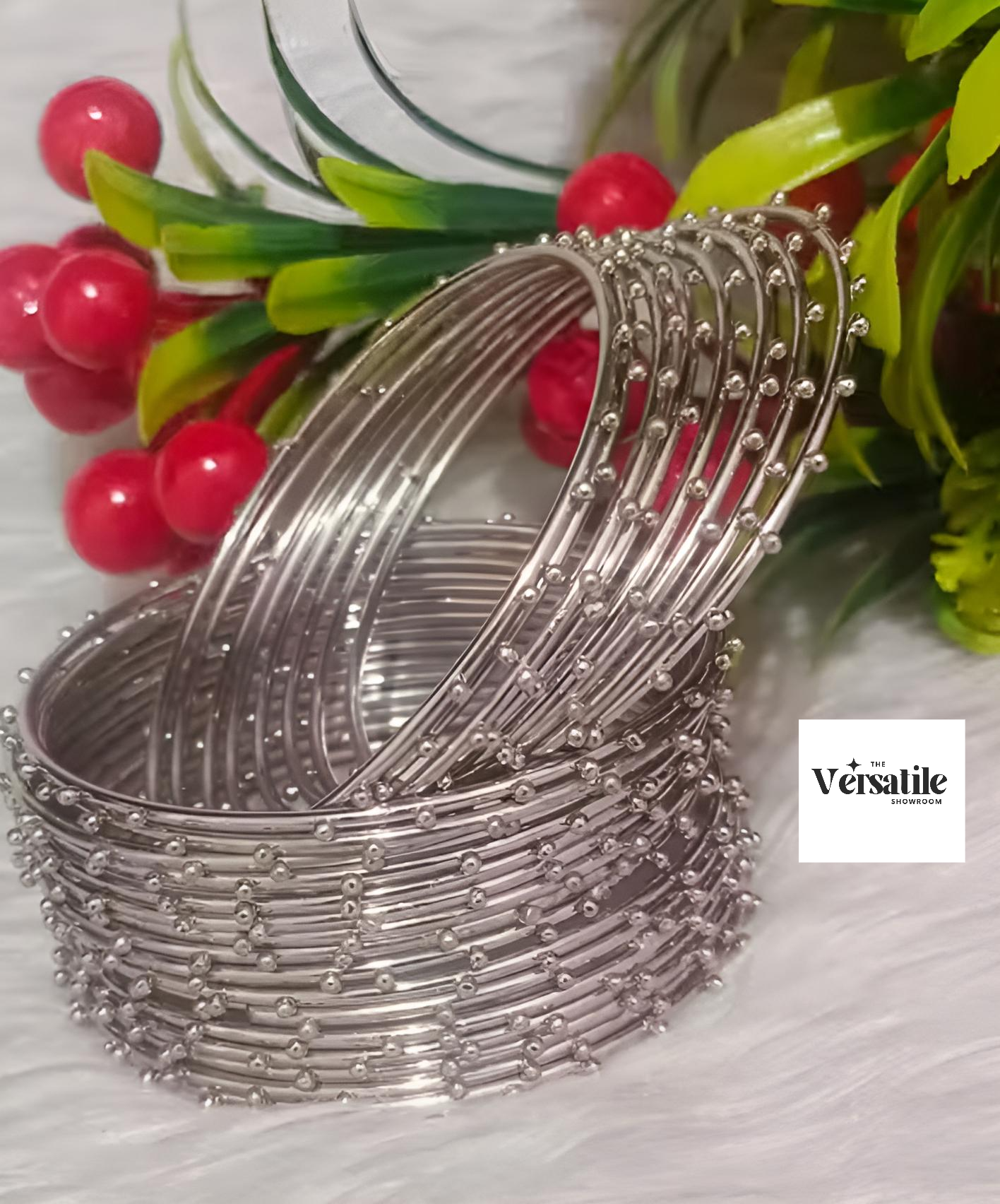 Stylish Silver Beaded Bangles Set – 24 Pcs
