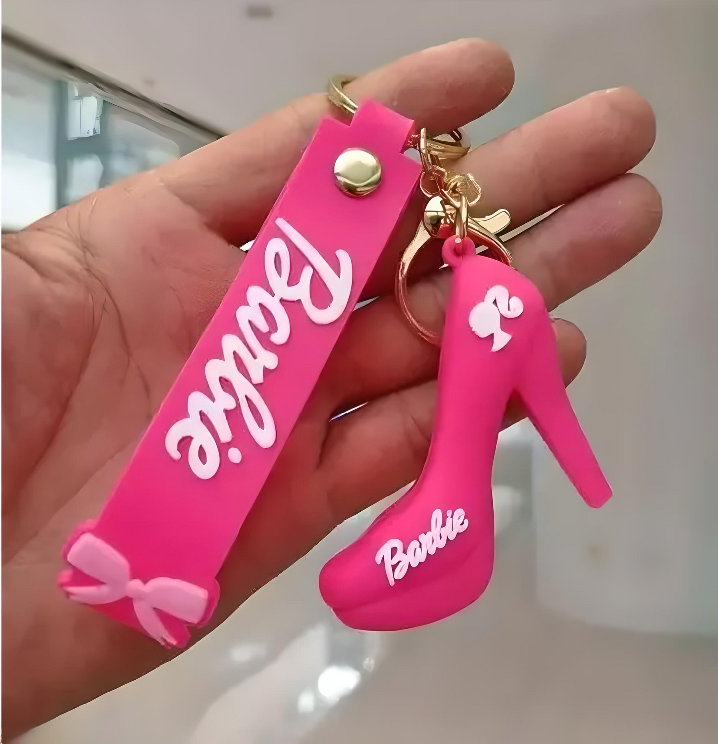 🎀 Barbie Coquette Pink & White Sandal Charm Keychain – 3D Barbie Logo | Hot Pink Strap with Cute Bow | Pack of 1