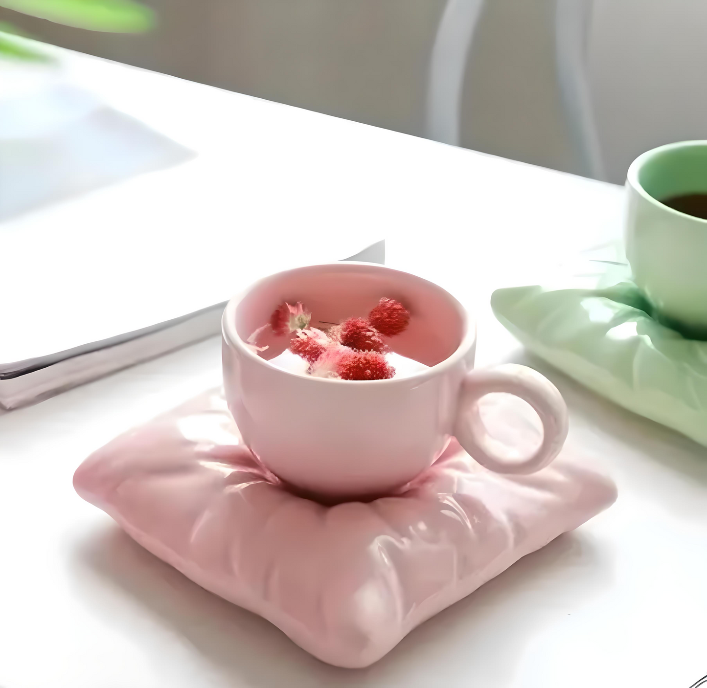 💖 Macaron Magic Mug Set ✨ | Cute Ceramic Bag & Saucer for Coffee, Milk, Ice Cream 🍦