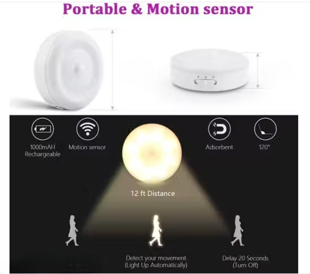 GlowSense™ Rechargeable Motion Sensor LED Nightlight – Wireless, USB Charging, Self-Adhesive (Pack of 1)